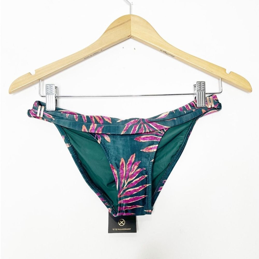 NWT ViX Paula Hermanny Bia Bikini Bottom Leaves Green/Gold Tropical Floral Sz XS